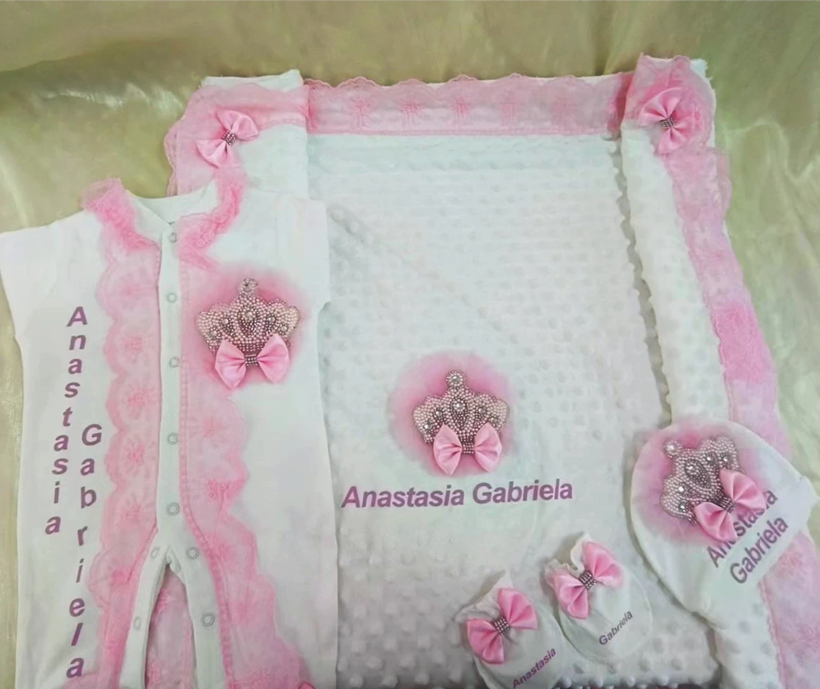 Juego de 5 piezas de vinilo hecho a mano para niña recién nacida, joyería personalizada con nombre, corona rosa, regalo de lujo - imagen 2