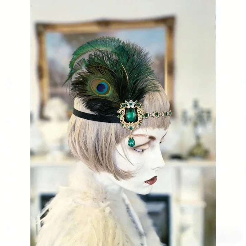 Diadema vintage con plumas de pavo real y cadena dorada