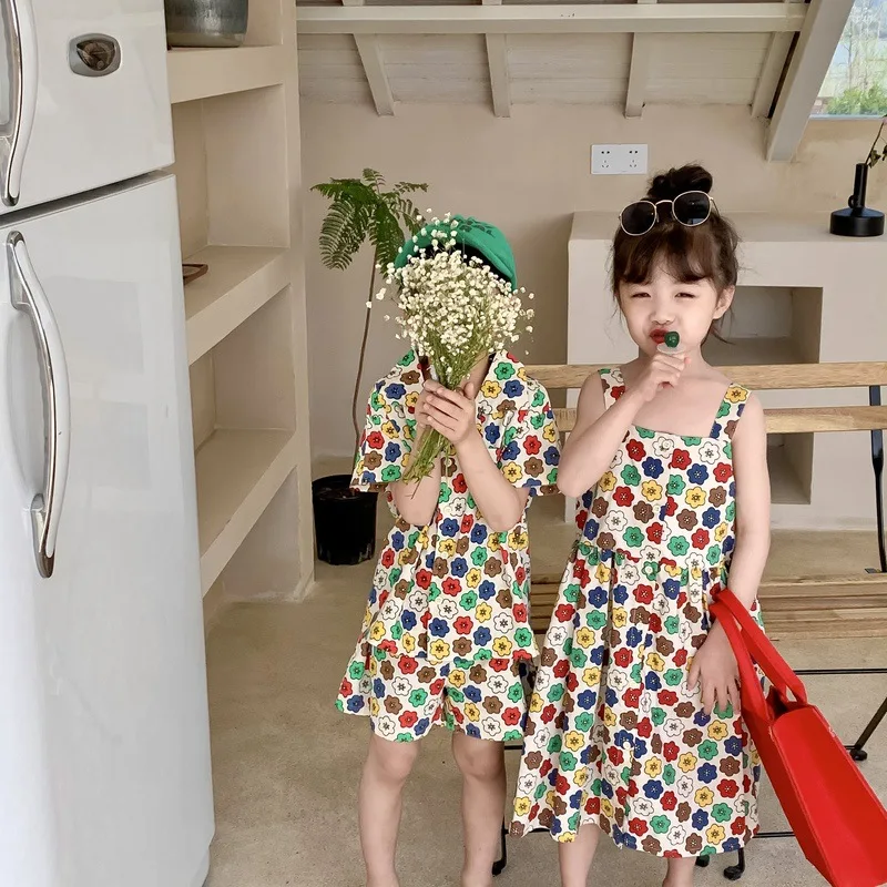 Conjunto de verano de 2 piezas para niños y niñas, vestido con tirantes y estampado de flores, para hermanos y hermanas - imagen 2