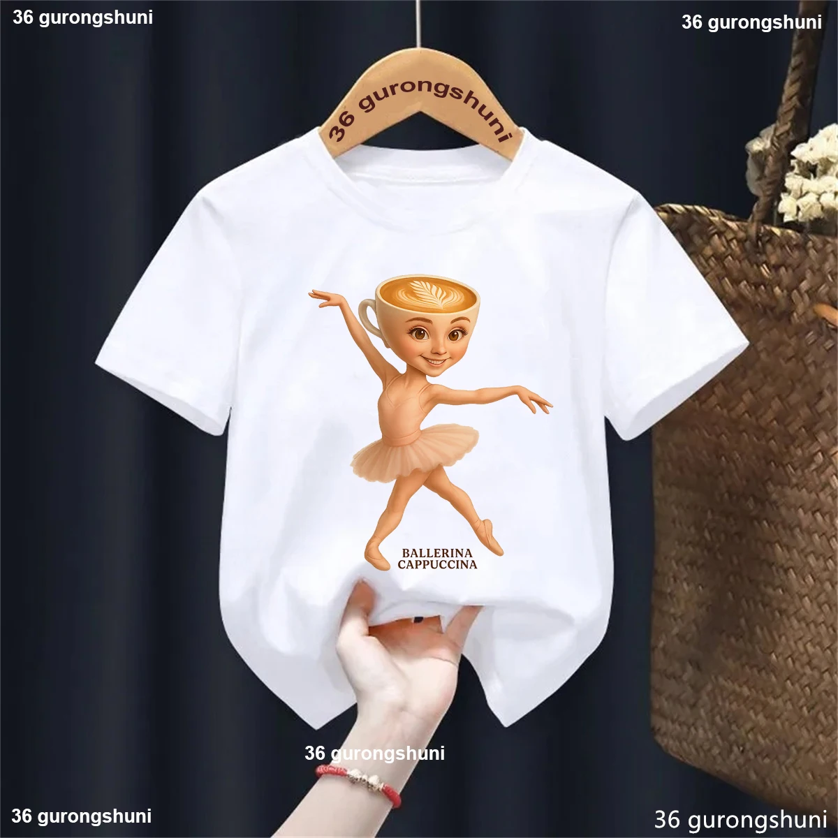 Camiseta con estampado con dibujo de capuchino de bailarina para niñas, ropa divertida para niños, camiseta blanca/negra/rosa/roja de manga corta a la moda de verano - imagen 2