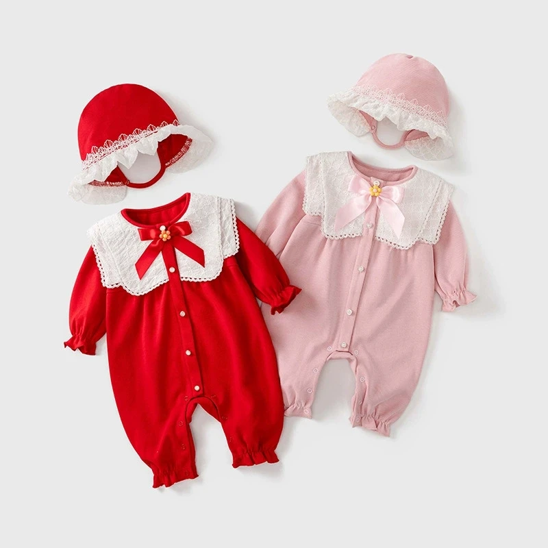 Conjuntos de 2 piezas de ropa para niña pequeña, monos de princesa de algodón con bonito lazo de estilo chino, peleles + sombrero, artículos para bebé recién nacido BC473 - imagen 2