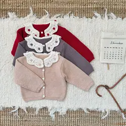 Suéter de niña primavera 2025 cuello vuelto estilo vintage