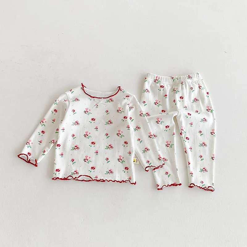 Conjunto de pijama de otoño para bebé, ropa para el hogar con flores bonitas de 3M-3T, ropa de descanso fina para niños pequeños, 2 uds. - imagen 3