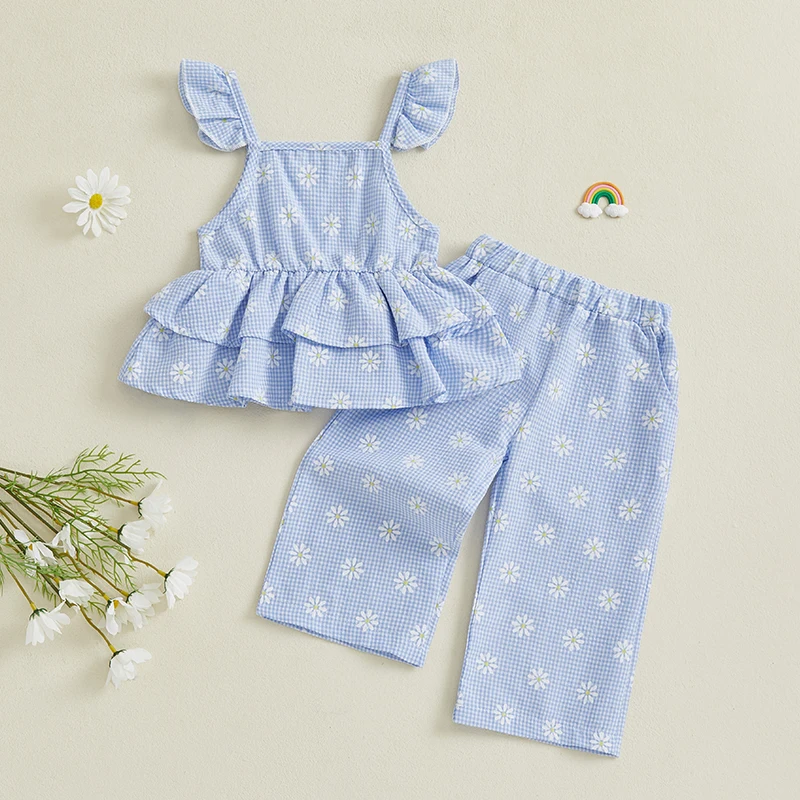 Conjunto de 2 piezas para niñas pequeñas de 1 a 4 años, Tops con mangas voladoras y volantes con estampado Floral a cuadros y pantalones elásticos, ropa de verano para bebés