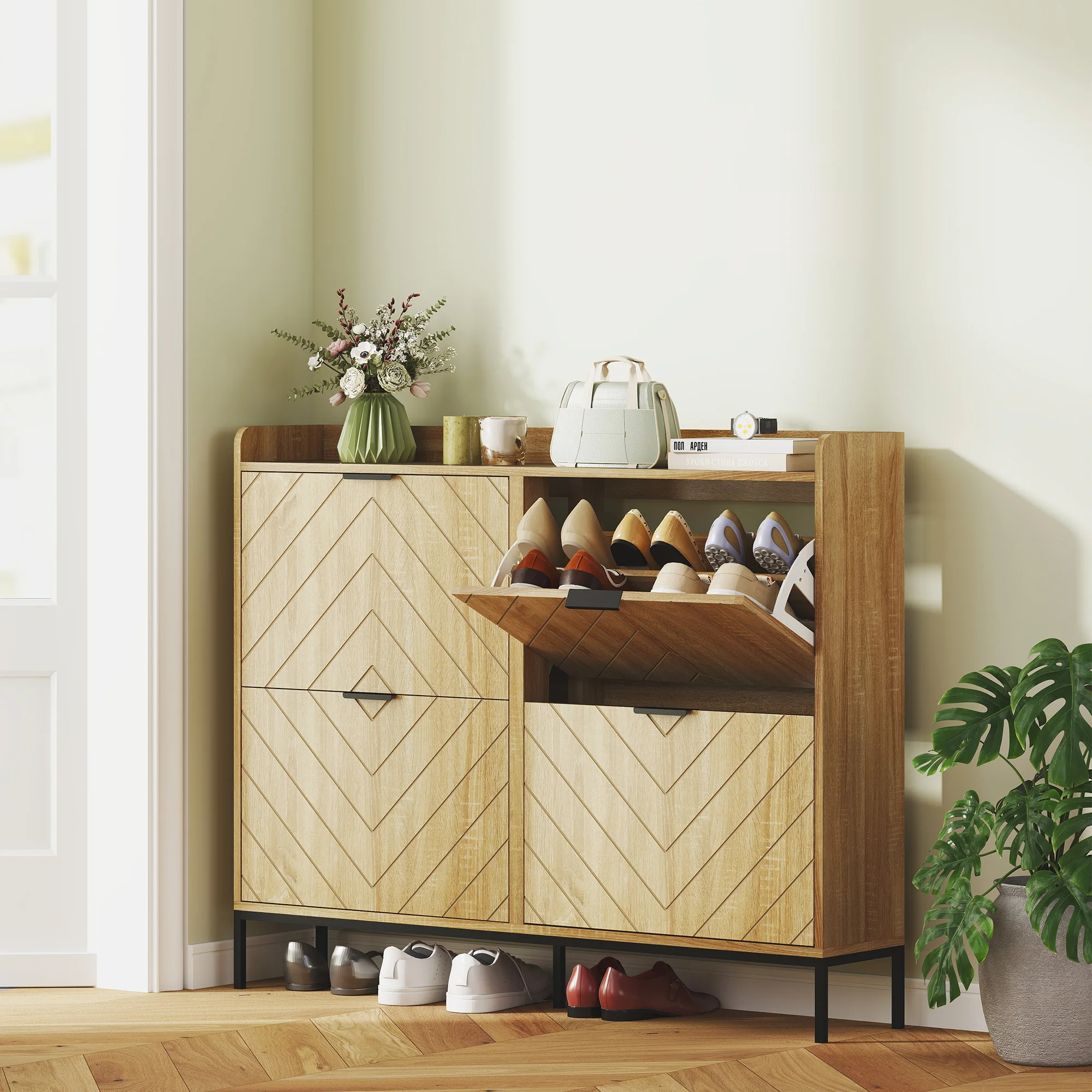 HOMCOM Zapatero Estrecho con 4 Puertas Abatibles Zapatero Entrada Recibidor con Estantes Ajustables para 16 Pares de Zapatos para Pasillo Espacios Reducidos 120x23,5x95,5 cm Roble