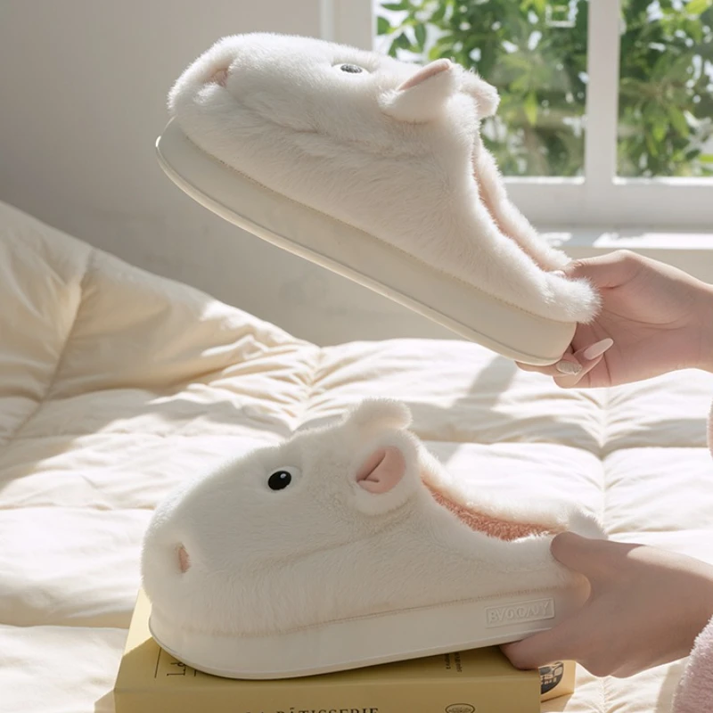 Zapatillas mullidas de interior para mujer, bonitos dibujos de hipopótamo, zapatos de casa para otoño e invierno, chanclas de algodón antideslizantes de felpa cálidas para el suelo del hogar - imagen 5