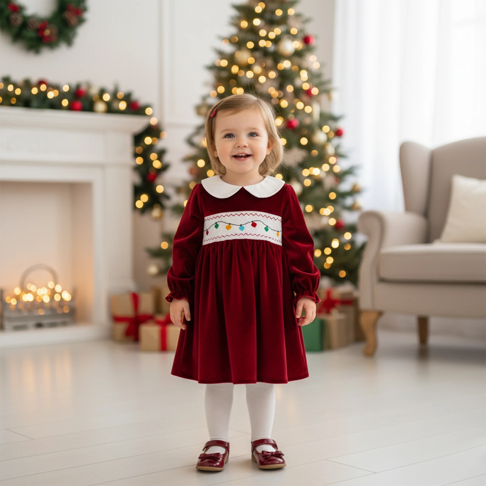 Suefunskry Vestido de Navidad para niñas pequeñas con luces, bordado de cuerdas, manga larga, cuello de muñeca, vestido acampanado de terciopelo - imagen 3