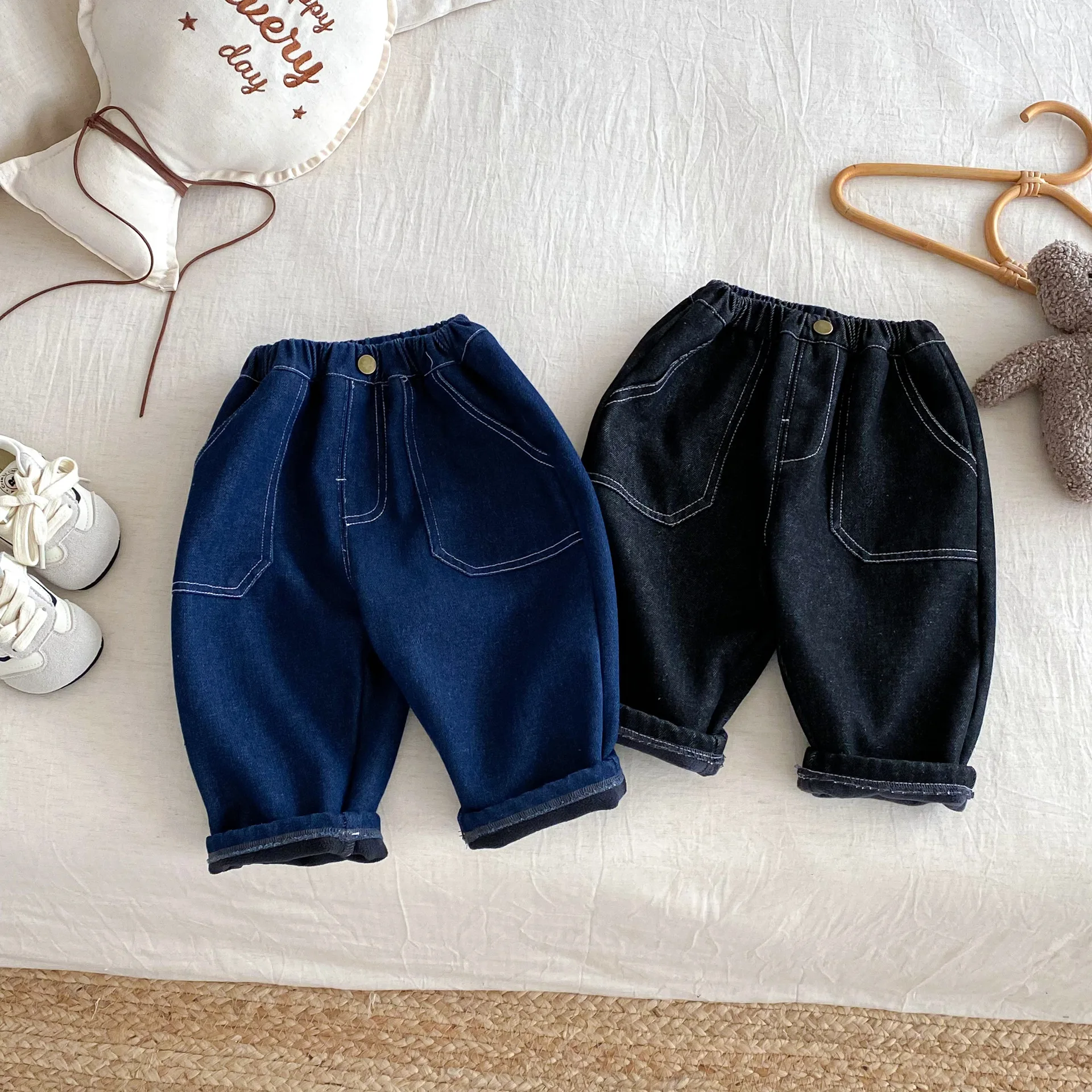 Pantalones para niños de 1 a 5 años, pantalones con forro de piel para niños, pantalones vaqueros gruesos y cálidos, pantalones vaqueros Harem sólidos - imagen 2