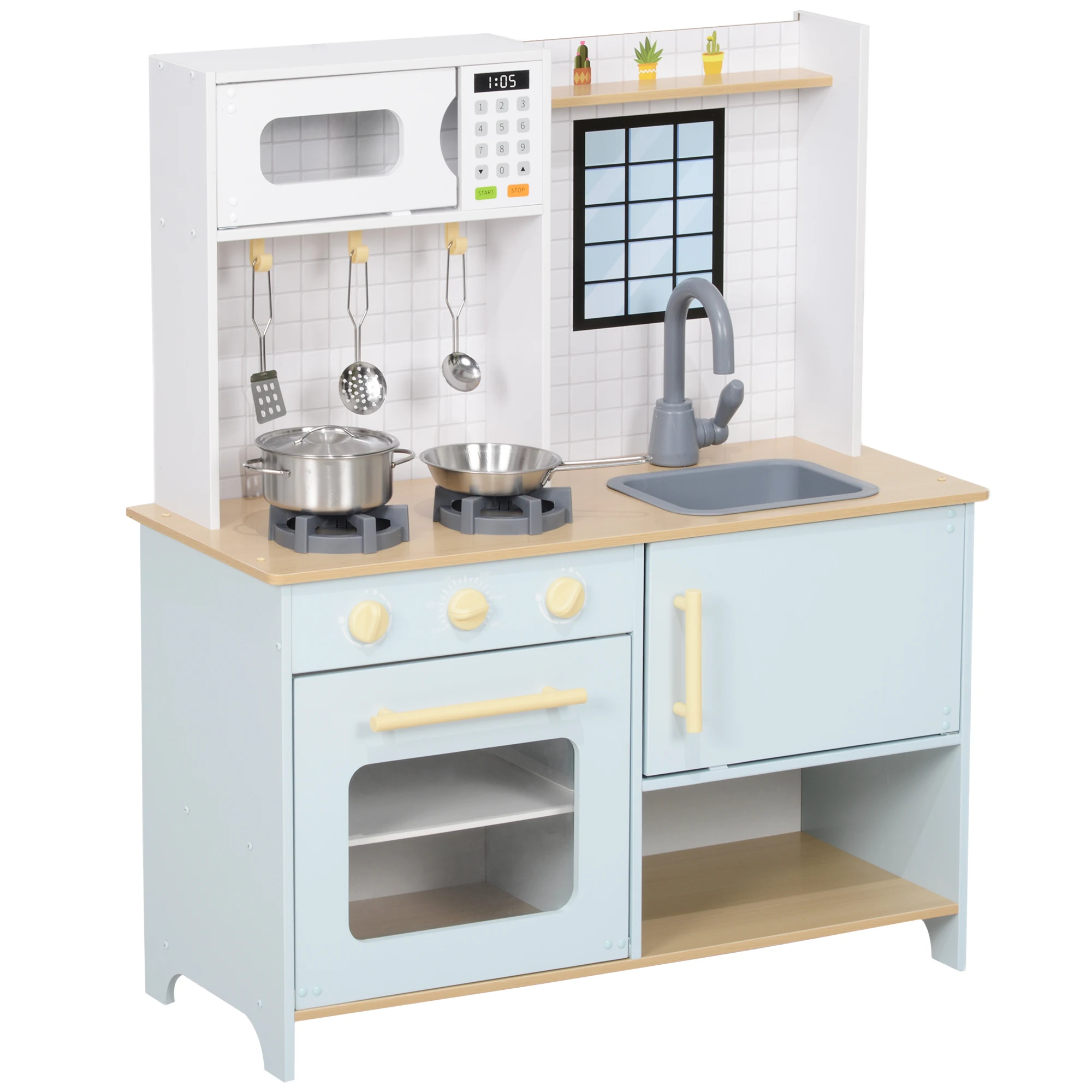 AIYAPLAY Cocina de Juguete para Niños +3 Años Cocina de Madera Infantil Cocinita Infantil con Sonido Fogón Horno Grifo Fregadero Microondas y Accesorios de Cocina Azul - imagen 2