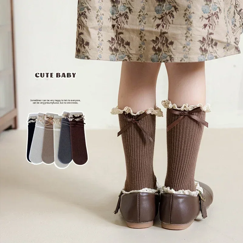 Otoño Invierno princesa niñas calcetines de encaje con volantes Retro encaje arco pantorrilla calcetines para niños suave algodón pila escuela calcetines largos - imagen 2