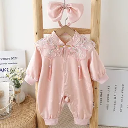Ropa de otoño para niña, monos de princesa de manga larga rosa bordados de estilo chino + diadema, artículos para bebé recién nacido B288