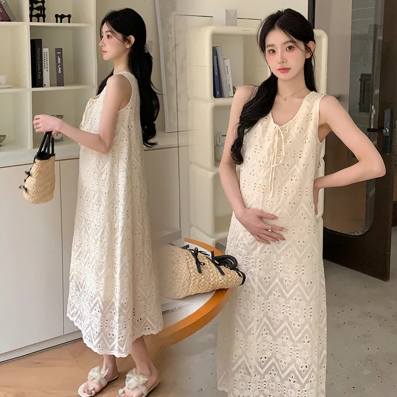 Vestido gasa lunares para maternidad sin mangas cordones verano - imagen 3