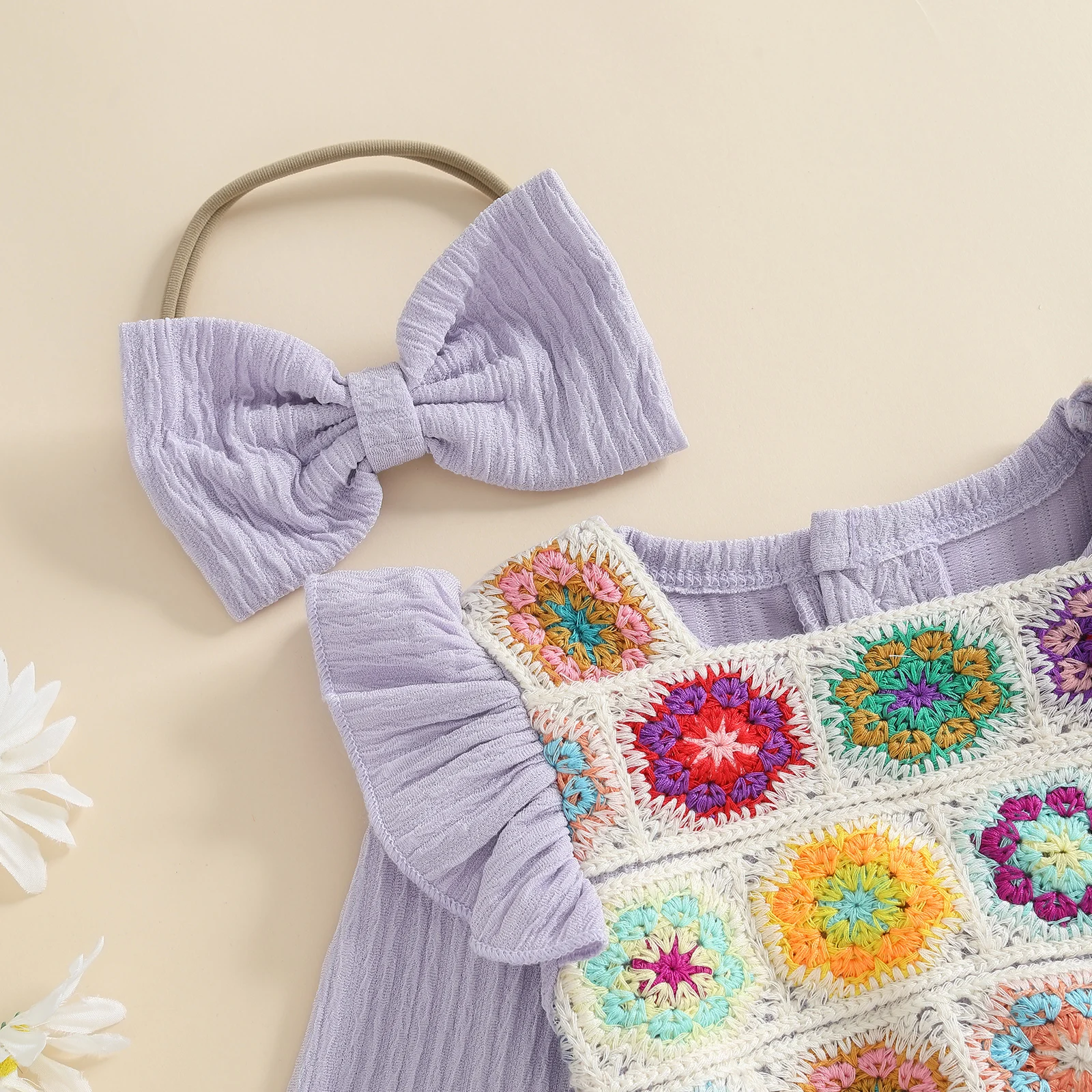 SUNSIOM Mameluco floral de ganchillo para niñas, monos de manga larga con volantes y lindo conjunto de diadema para trajes infantiles - imagen 5