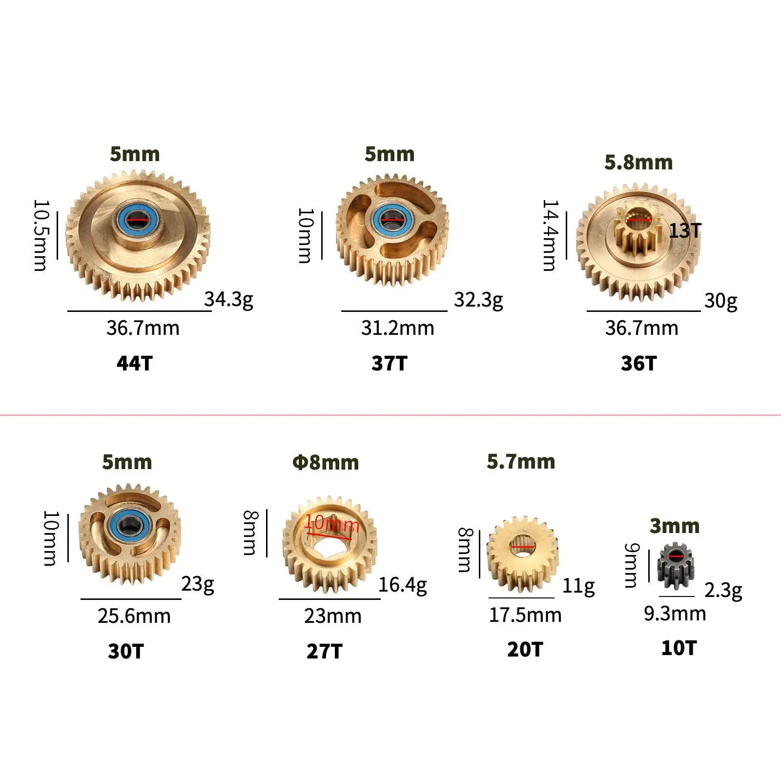 1:14 RC Car Copper Gearbox Gear Set, High Performance 44T, 37T, 36T, 30T, 27T, 20T, 10T Motor Gearbox Gears for Tow Drag Truck