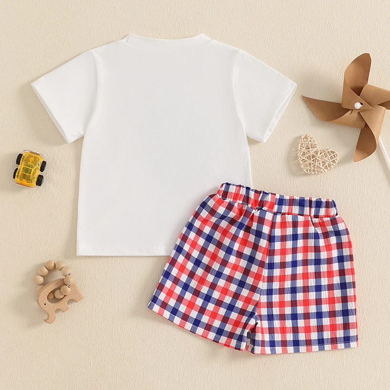 Conjunto de pantalones cortos para niños de 0 a 4 años, camiseta de dinosaurio bordada de manga corta con pantalones cortos a cuadros, conjunto para niños pequeños, traje de verano - imagen 4