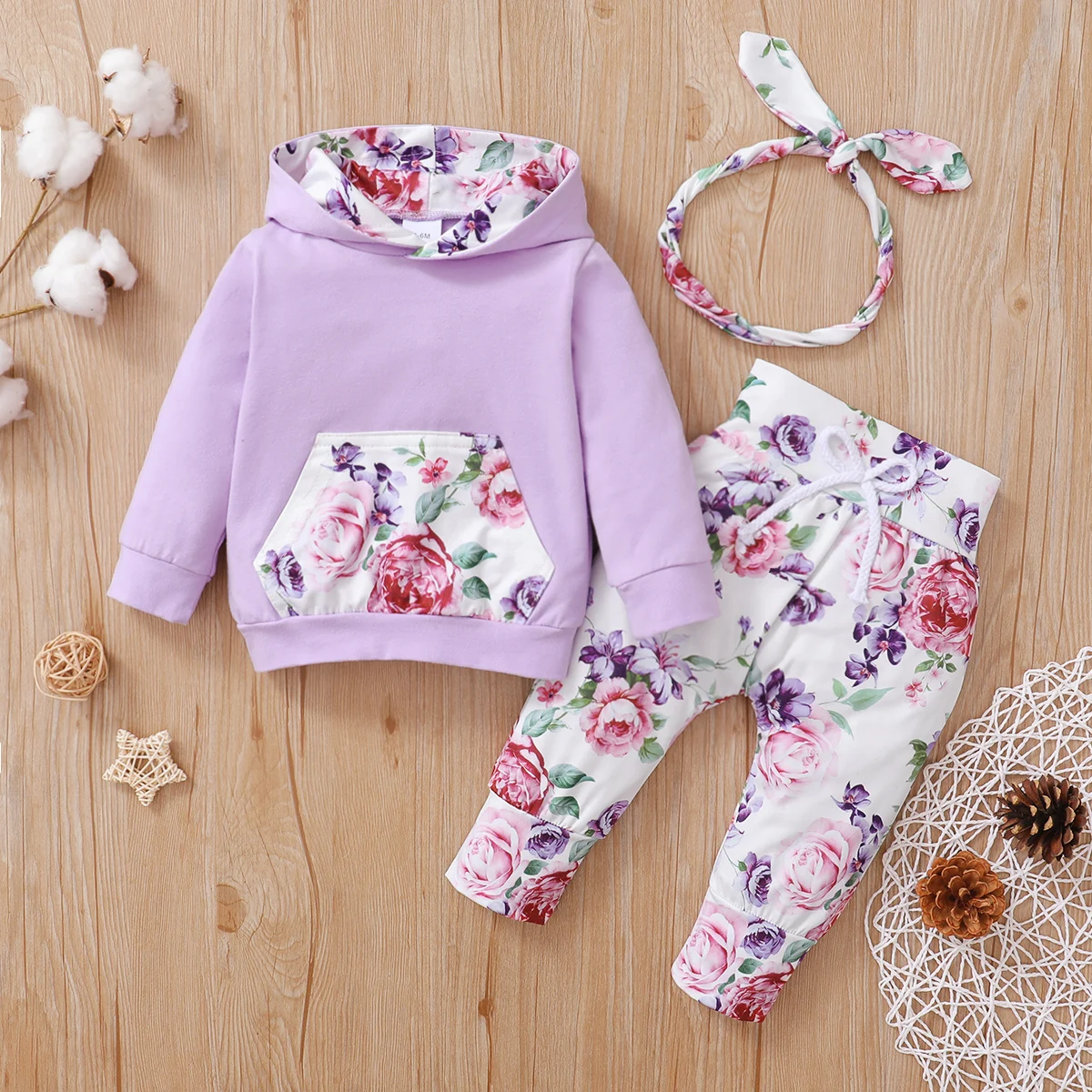 Conjunto de ropa para niña de 3 uds., Top con capucha de manga larga con estampado de flores, pantalones y diadema, ropa de otoño e invierno de 3 colores para bebé de 0 a 2 años - imagen 5