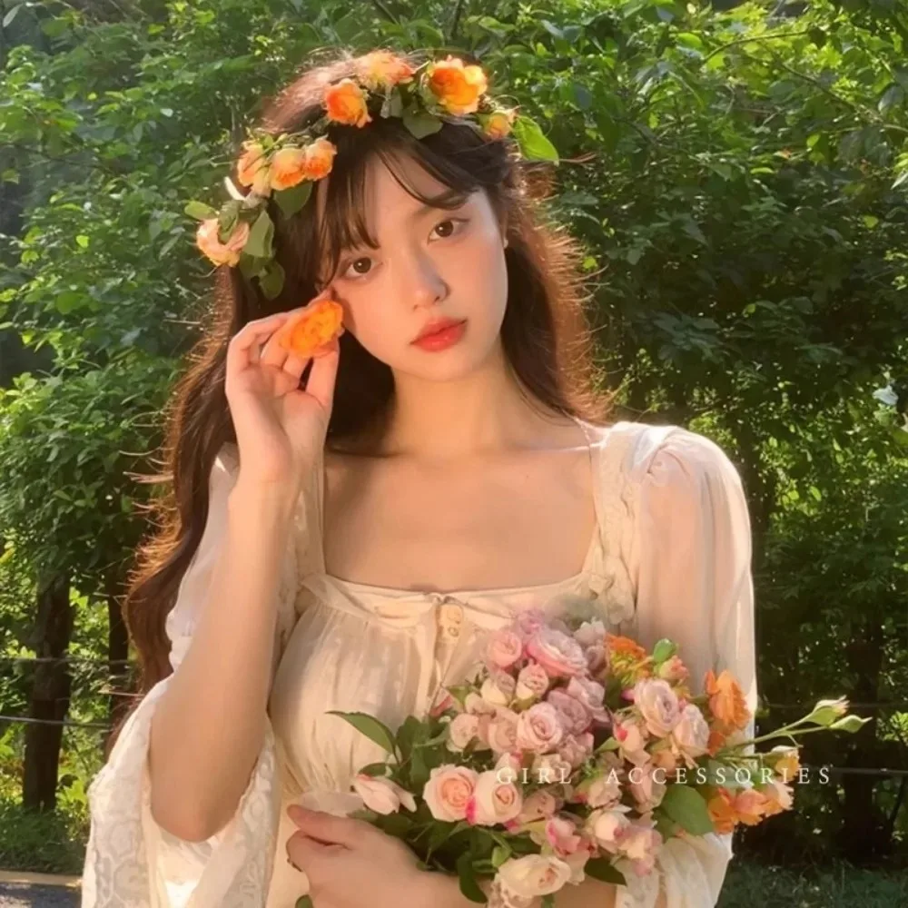 Guirnaldas de flores para niña, corona, diadema barroca para boda, diadema para el pelo, corona de flores, diadema nupcial, Tiaras para el cabello de princesa de hadas - imagen 5