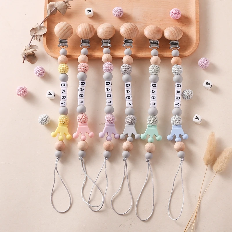 Clips para chupete de bebé con nombre personalizado, cadenas, mordedores, soporte para pezones, Clip de corona de silicona, accesorios de juguetes para la dentición para recién nacidos