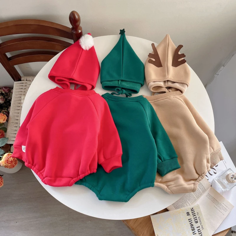 Mono bebé forro polar navideño con gorro de Papá Noel y reno - imagen 2