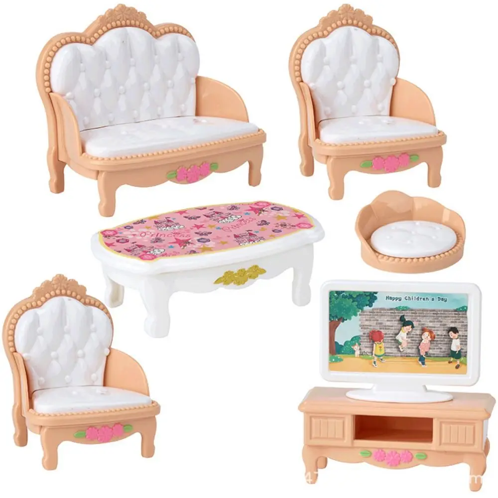 1 Juego de 5 estilos de muebles para casa de muñecas en miniatura, cosas de cocina de plástico de color caqui, accesorios de juego para sala de estar, cocina y dormitorio