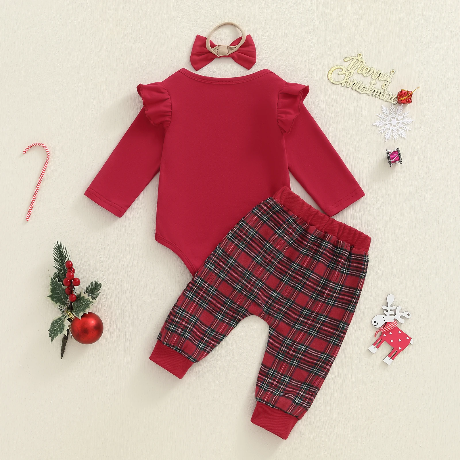 Conjuntos de ropa para niña de manga larga con estampado de letras navideñas, mameluco con pantalones a cuadros y diadema, trajes de 3 piezas - imagen 2