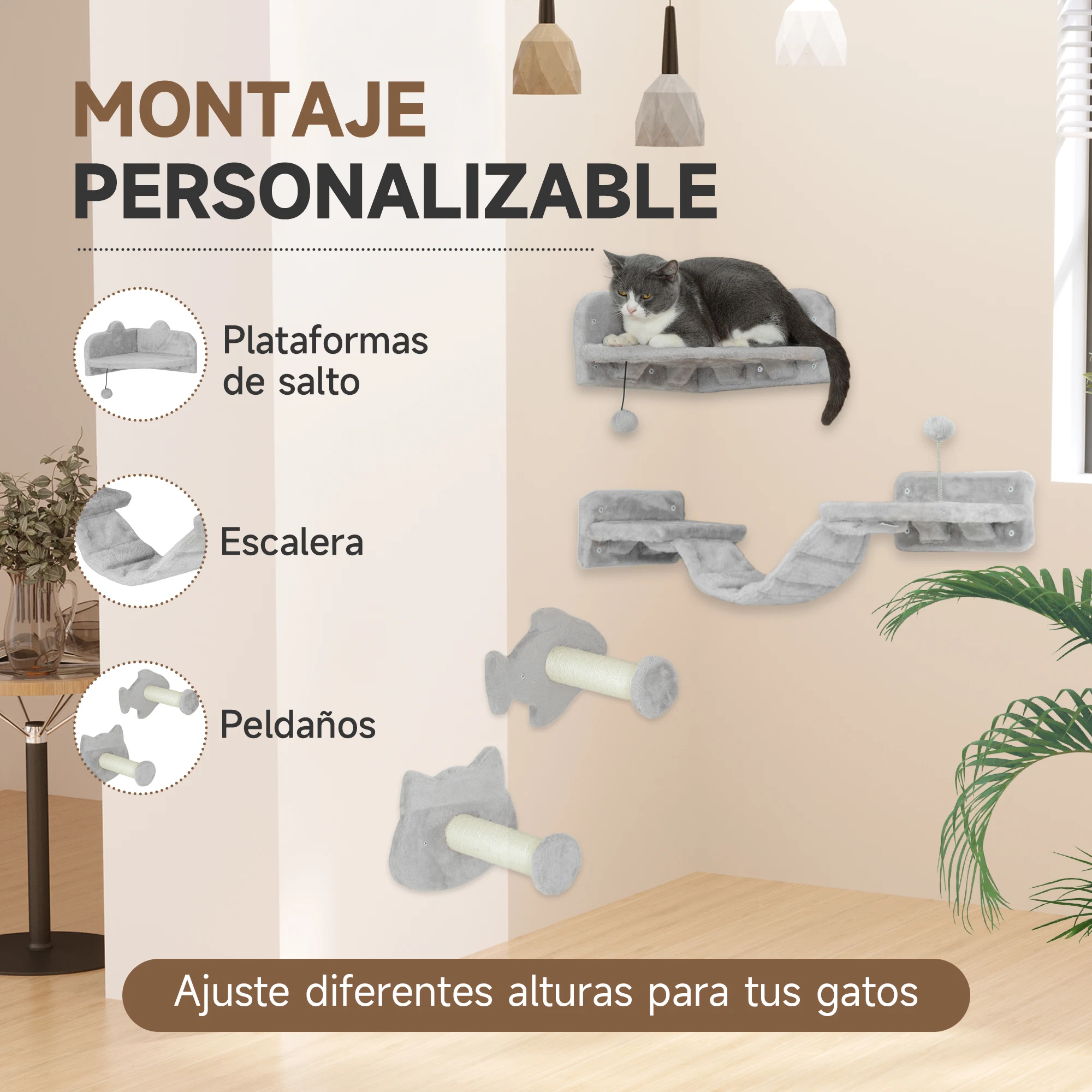 PawHut Juego de Estanterías para Gatos de 4 Piezas Rascador de Pared para Gatos con 2 Postes de Sisal Plataforma Doble con Escalera Suave y 1 Plataforma para Saltar Gris Claro - imagen 5