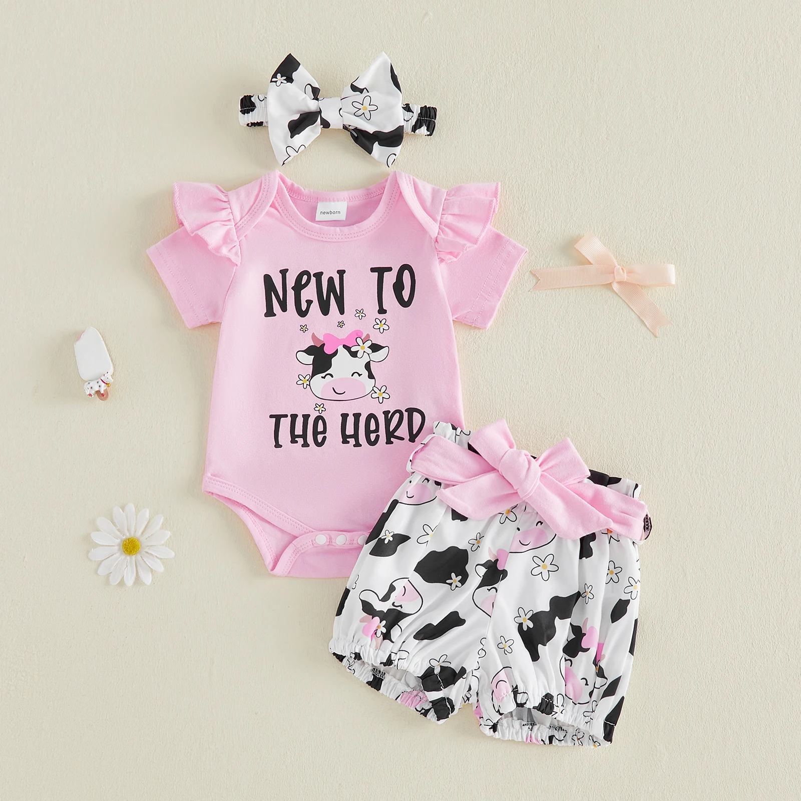 Conjunto verano bebé niña: mono vaca, botas letras y diadema lazo - imagen 2