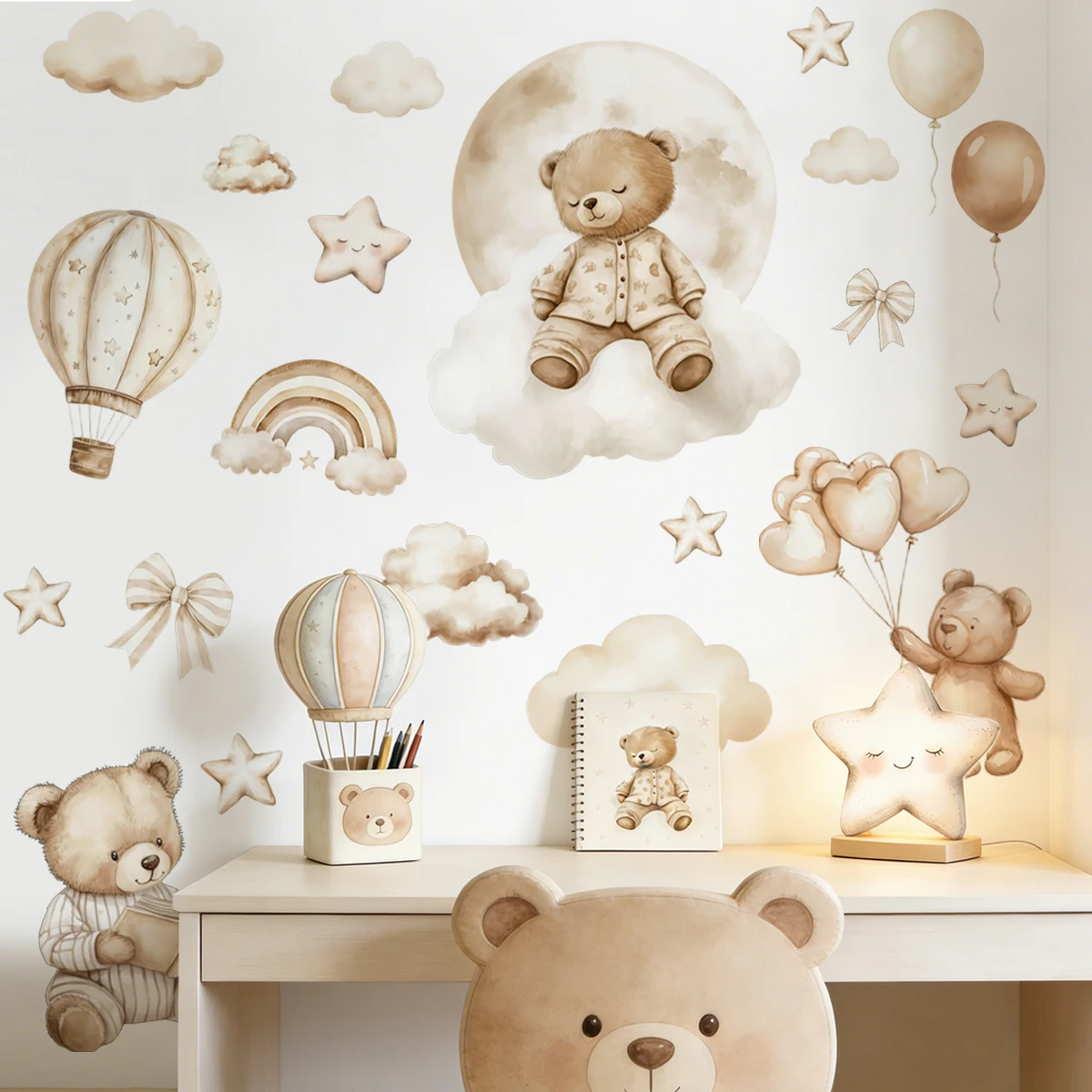 globo oso peluche con pegatina pared acuarela infantil - imagen 2