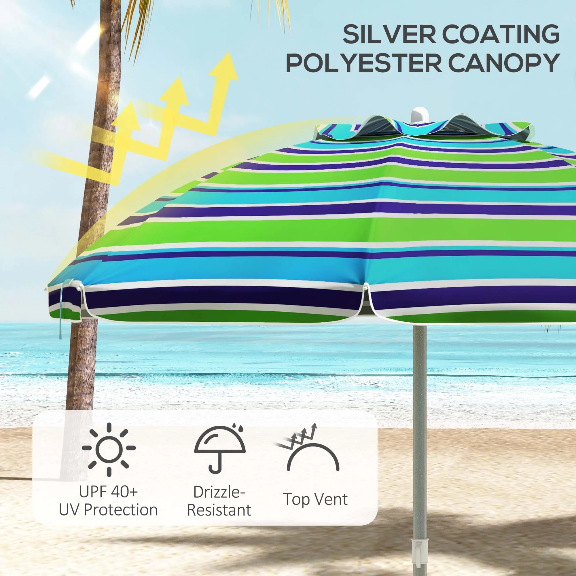 Outsunny Sombrilla de Playa Ø178x205 cm Parasol para Terraza con Reclinación 45° Altura Ajustable Apertura Manual Anti-UV Impermeable y Bolsa de Transporte para Jardín Piscina Multicolor - imagen 4
