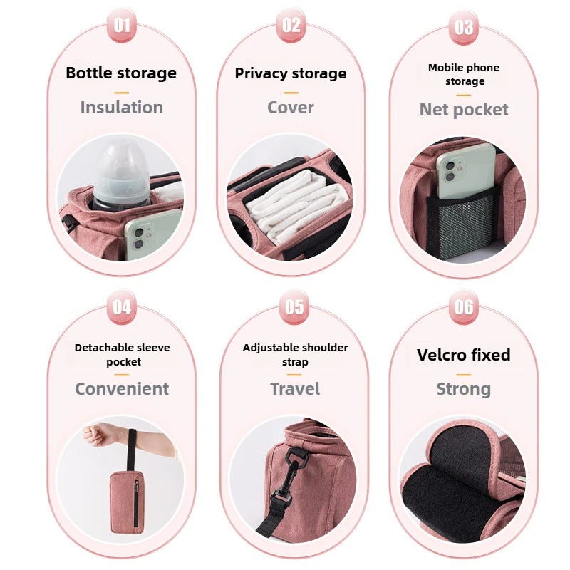 Almacenamiento de cochecito de bebé, bolsa colgante de viaje para bebé, bolso de hombro para mamá, portabotellas para teléfono, bolsa de pañales, accesorios para cochecito de bebé - imagen 5