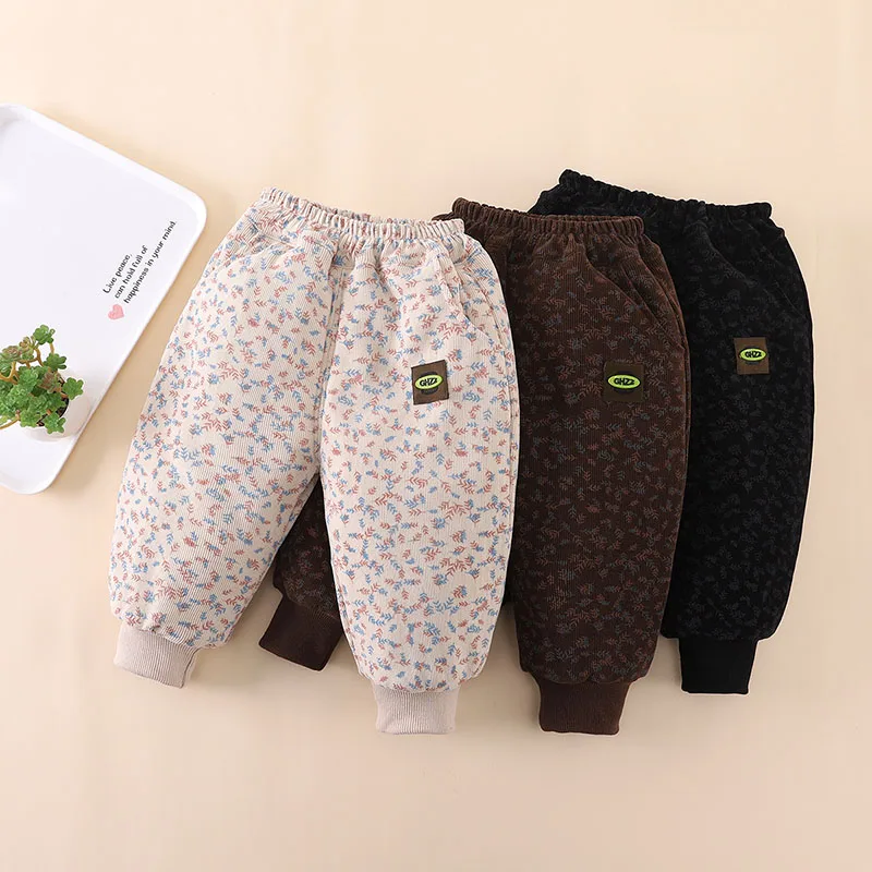 MILANCEL 0-5 años 2024 nuevos pantalones para niños niñas pantalones gruesos con estampado de orejas de trigo forro de piel de invierno pantalones casuales cálidos para niños