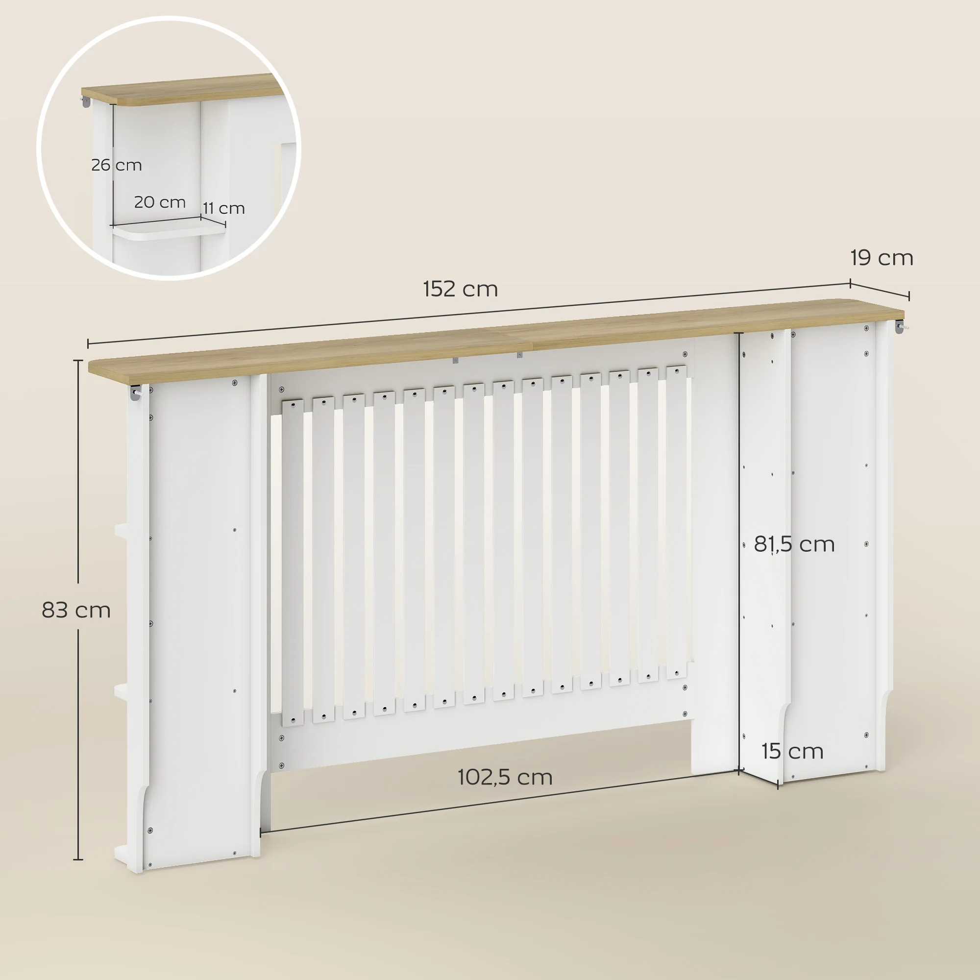 HOMCOM Cubre Radiadores con Estantes, Cubreradiador de MDF, Cubierta para Radiador, Diseño Moderno de Listones, para Salón, Dormitorio Blanco - imagen 3