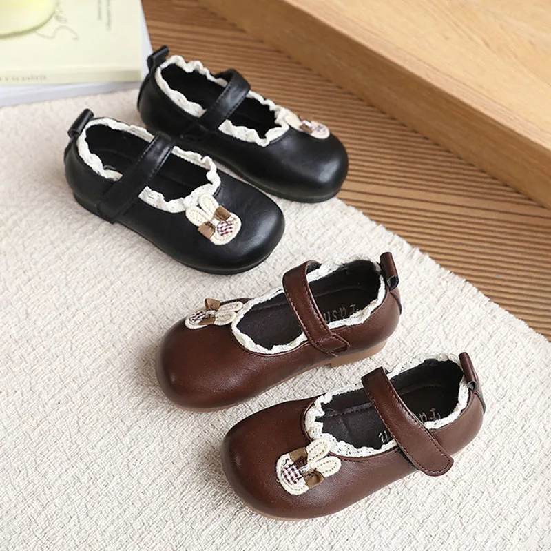 Zapatos de cuero para niñas suela suave y cordones con conejito