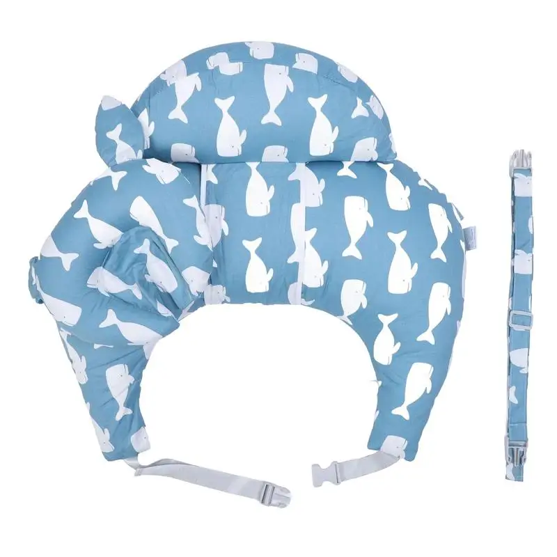 Cojín de algodón en forma de C para niños, almohada de alimentación para mujeres embarazadas con correa ajustable, patrón de ballena azul, soporte de cintura para niños