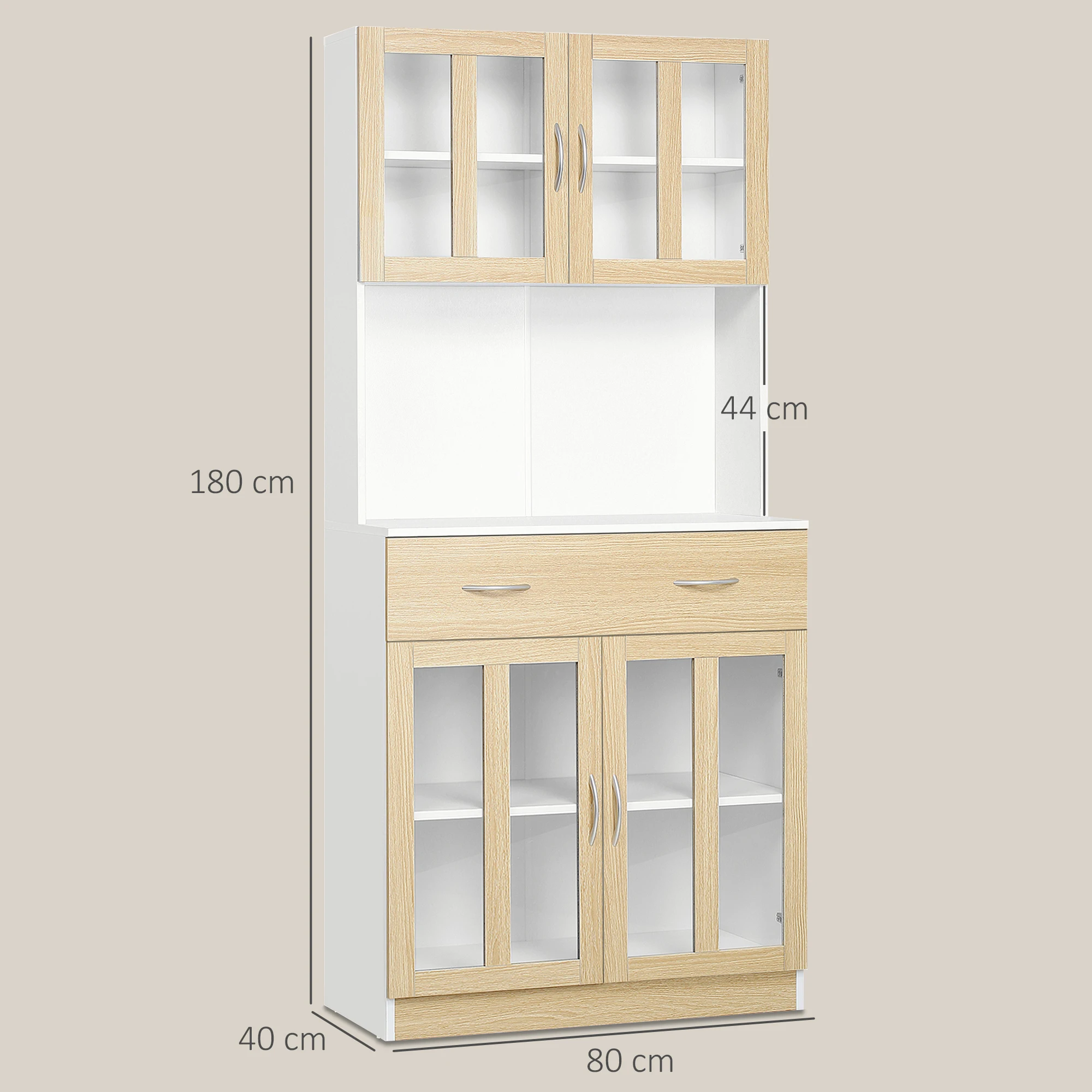 Aparador de cocina alto HOMCOM con múltiples compartimentos, 4 puertas de cristal y cajón deslizante, gran superficie de madera blanca, aspecto roble claro. - imagen 3