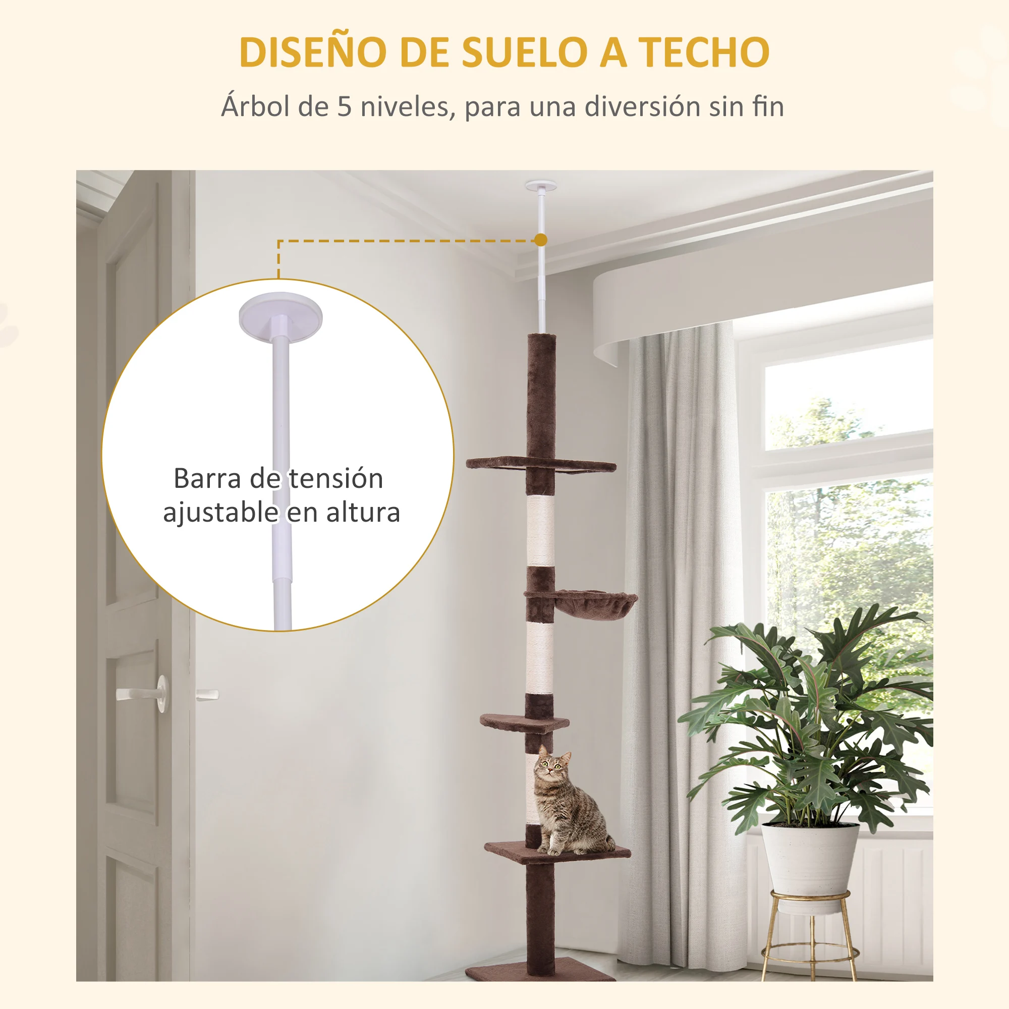 PawHut Árbol Rascador del Suelo al Techo 40x34x230-260 cm Árbol Escalador de Gato para Fijar al Techo Altura Ajustable con Plataformas Hamaca y Postes de Sisal Marrón - imagen 4
