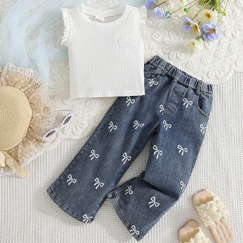 Ropa de verano de 2 piezas para bebés, conjuntos de trajes para niñas, Tops de algodón sin mangas con lazo a la moda coreana + pantalones vaqueros sueltos, ropa de Boutique para niños BC510