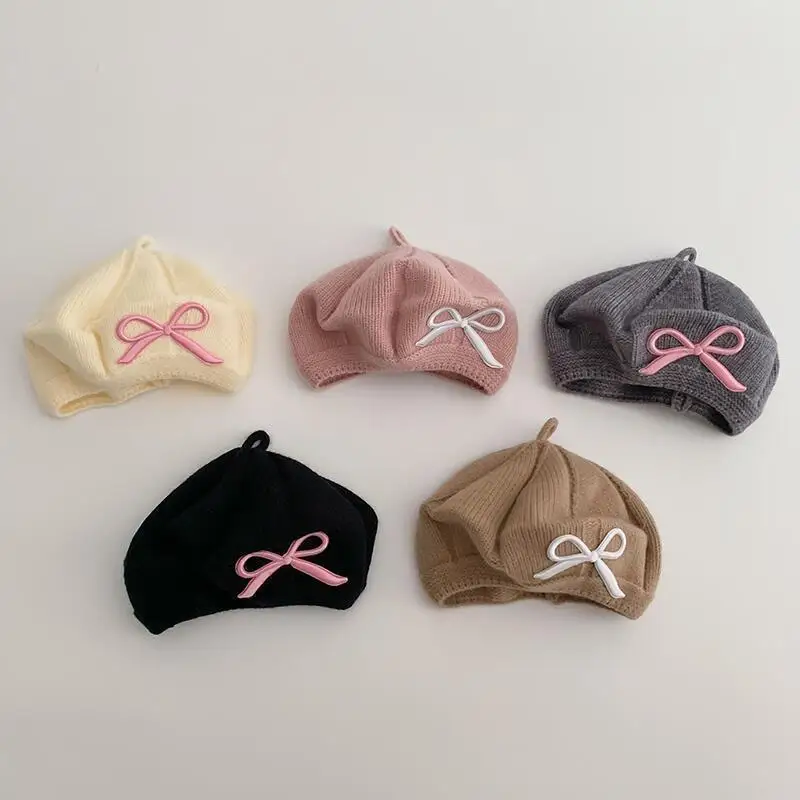 Bonita boina coreana a la moda para niños pequeños, gorros de punto con lazo bordado para niñas, gorro informal de ganchillo a prueba de viento para otoño e invierno - imagen 5