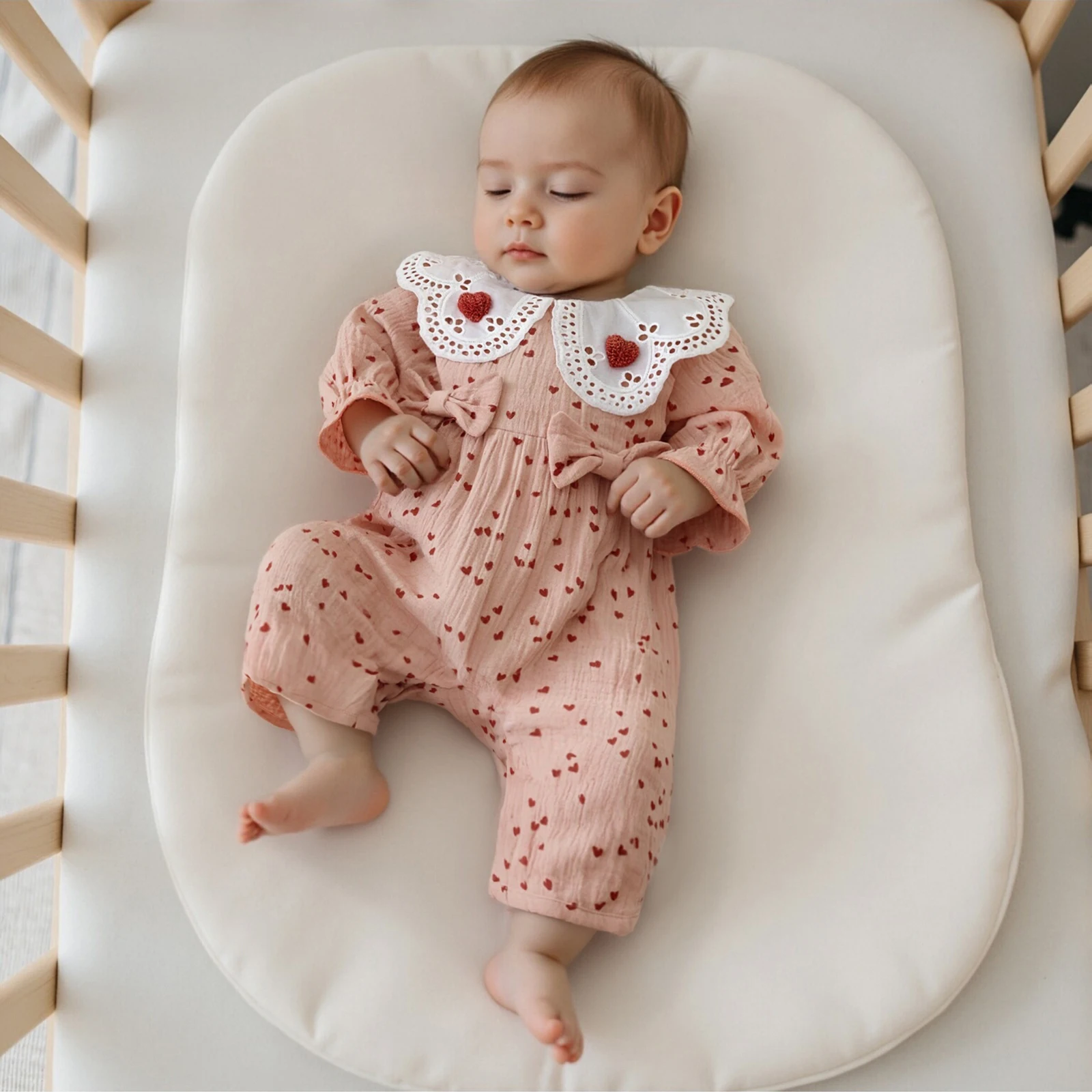 Mameluco para niña del Día de San Valentín, estampado de corazón, lazo decorado, manga larga, cuello de muñeca, mono largo para recién nacidos - imagen 5