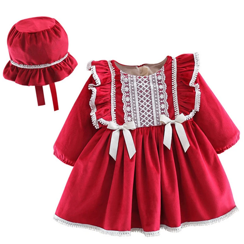 Vestidos de invierno de 2 piezas para niñas recién nacidas, ropa de lana cálida, manga larga, vestido de princesa roja + sombrero, ropa para niños, BC619