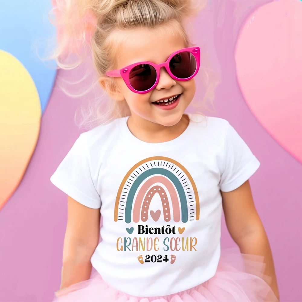 I Will Become A Big Sister Camiseta con estampado de arcoíris para niños, camiseta con anuncio de bebé, Tops estampados para niñas, camiseta de manga corta para niños