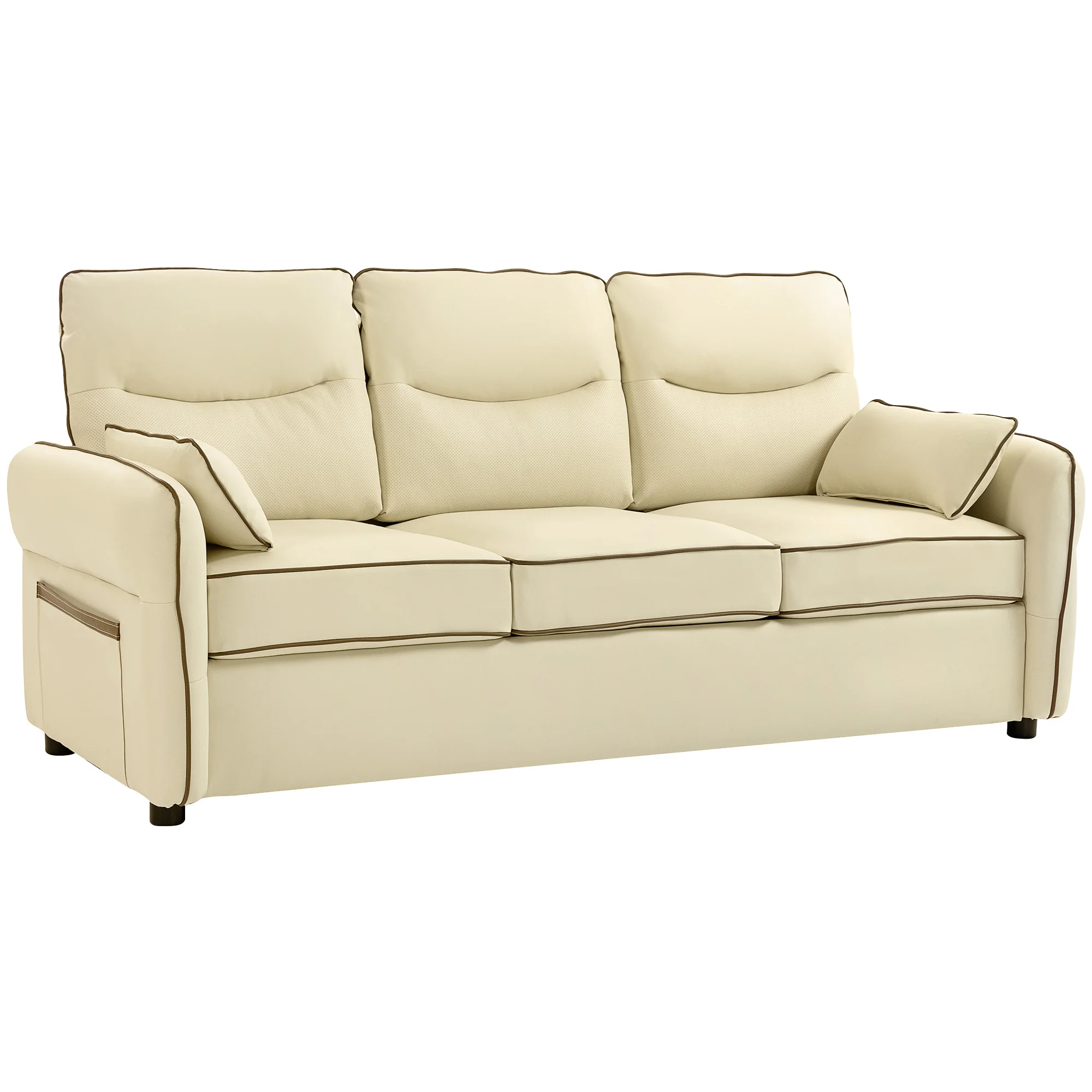 HOMCOM Sofá de 3 Plazas, Sofá de Salón Moderno, 190x83x90 cm, Tapizado en Cuero Sintético, Acolchado Grueso, Asiento Ancho, Reposabrazos y Bolsillo Lateral, Montaje Rápido, 2 Almohadas, Beige