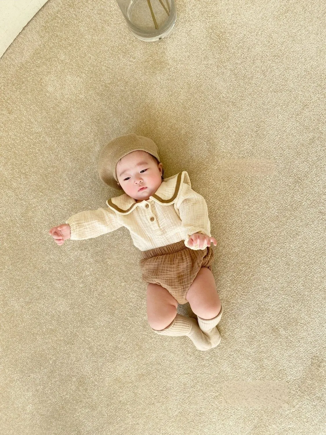 Conjunto de ropa de algodón puro para bebés recién nacidos, niñas y niños, camisetas de manga larga con cuello azul marino, pantalones de pan sólidos, 2 uds. - imagen 5
