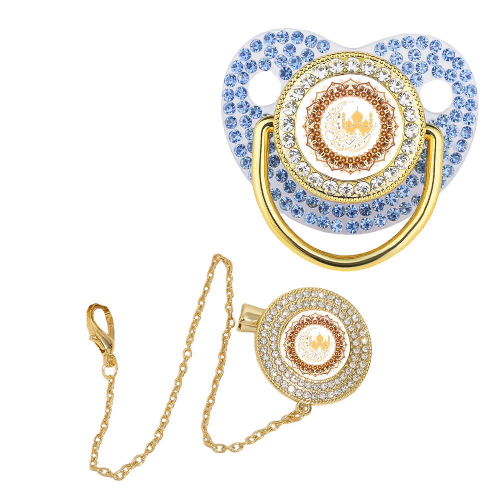 Deslumbrante chupete con estampado musulmán con clip de cadena para chupete, chupete de bebé de silicona sin bisfenol, regalo de alimentación para recién nacido