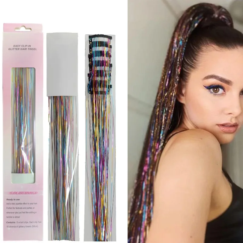 Extensiones de pelo con purpurina para niñas – Tinsel dorado y arcoíris