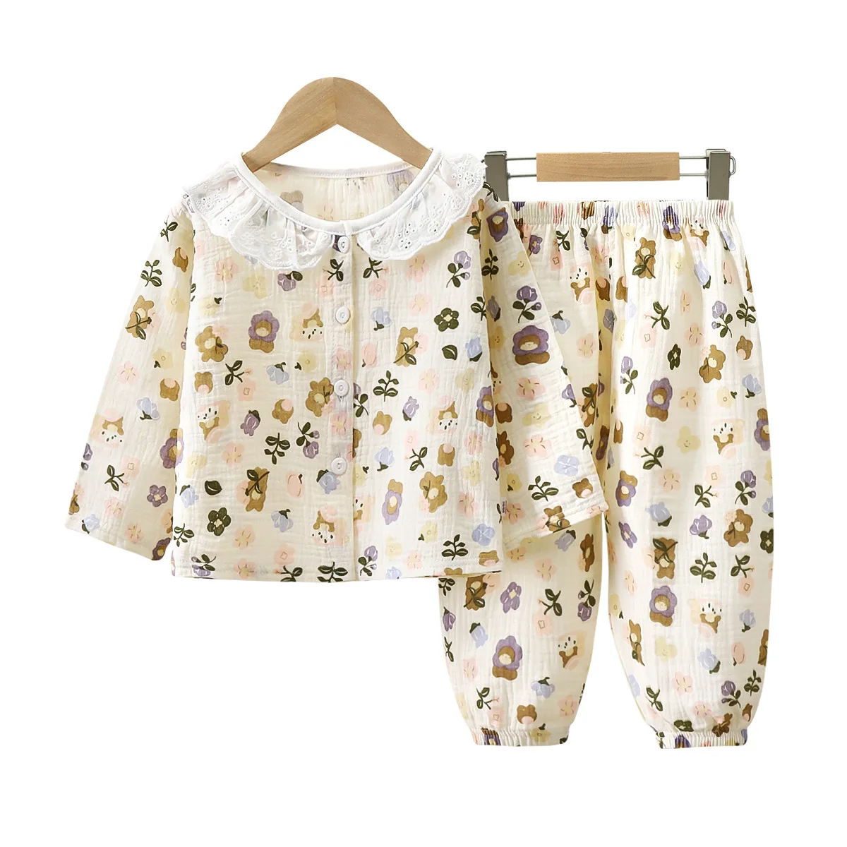 Pijama de gasa algodón para niñas – Manga larga floral con encaje