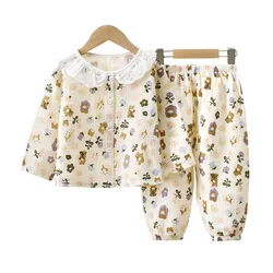 Pijama de gasa algodón para niñas – Manga larga floral con encaje