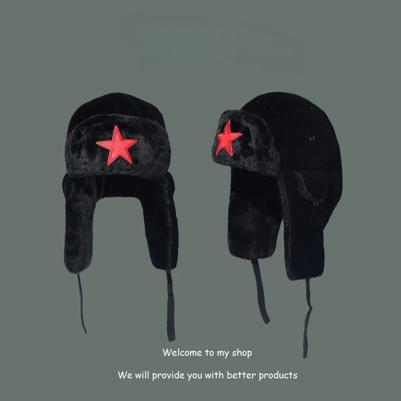 Gorro de invierno Lei Feng: gorro unisex con orejeras parcheadas con estrellas – Gorro de nieve grueso con forro polar para esquiar en el noreste, resistente al viento y cálido - imagen 5