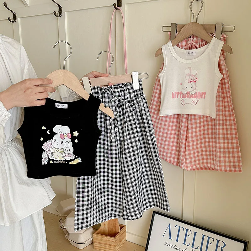 2 uds. Chaleco con estampado de animales para niñas lindas de verano + pantalones a cuadros para niños pantalones de pierna ancha cintura de flores