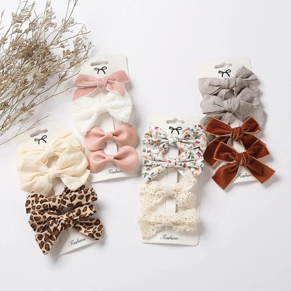 3/4Pcs Set Leopard Dot Print Bowknot Hair Bow Clips Baby Girls Lace Cotton Linen Barrettes Safety Hairpins Headwear Accessories - imagen 4